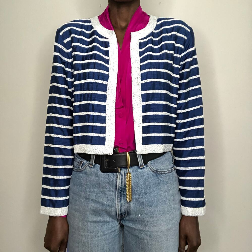 VINTAGE | SCALA Navy Blue Silk Beaded Striped Cropped Bolero Jacket Size S/M